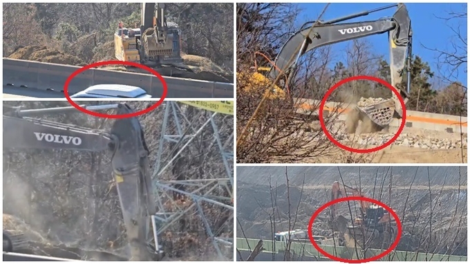 고속도로 본도 보다 높은 위치 작업 진행 모습 및 비산머지가 발생되고 있는 여러 작업 진행 모습