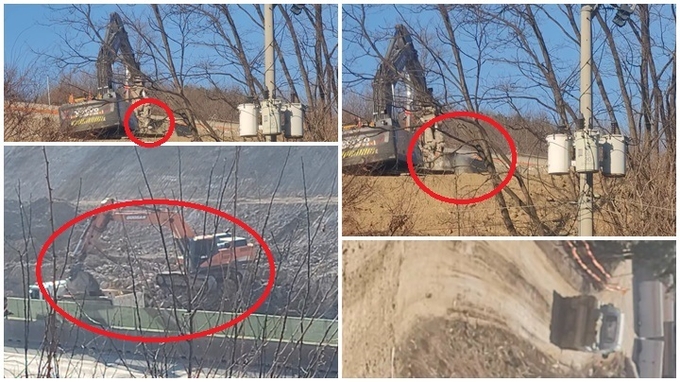 시계방향으로 콘크리트 구조물 파쇄작업 진행 모습 및 덤프차량에 토사 적재작업 모습 (비산먼지 억제 장치가 보이지 않는다)