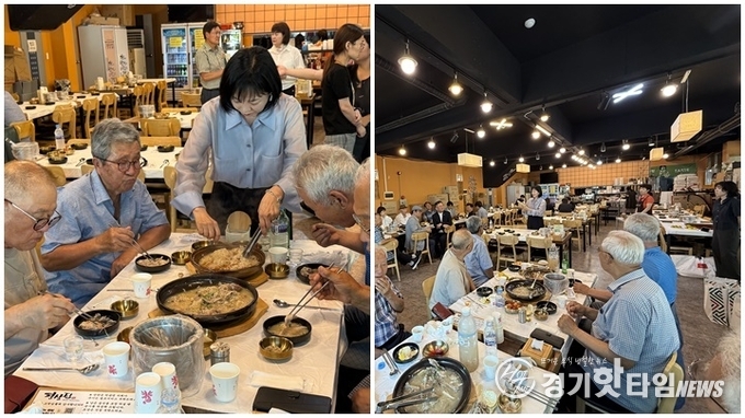 유지선 원장이 어르신들 식사 자리를 돌보며 인사말을 전하고 있다 (사진=화성문화원)