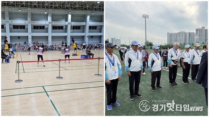 좌측부터 배드민턴 경기 모습, 게이트볼 남성 1위를 차지한 포천 선수단 (사진=경기도장애인체육회)