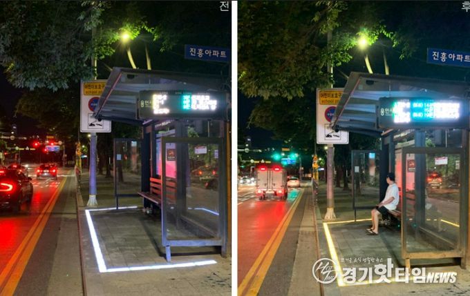 야간 정류장의 모습. 승객이 없을 때는 바닥이 흰색이었다 승객이 오면 노란색으로 바뀐다.