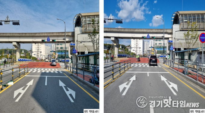 횡단보도와 차량정지선 이격거리를 5m로 확대한 처인구 역북동 491번지의 모습. 사진은 이격거리 확대 전(좌)과 확대 후(우)의 모습.