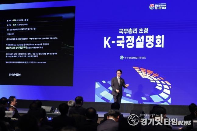 김민석 국무총리가 15일 광진구 비스타 워커힐 서울에서 열린 민주평통 초청 K-국정설명회에서 특별 강연을 하고 있다.