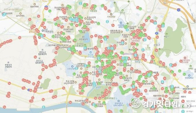 안산시 생활정보지도에 표시된 '자전거 편의시설 위치정보' 사진