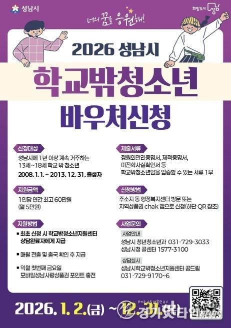 성남시, 학교 밖 청소년 바우처 신청 안내 포스터