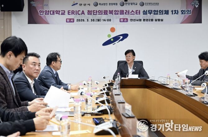 이민근 안산시장이 30일 안산시청 상황실에서 열린 '한양대학교ERICA 첨단의료복합클러스터 실무협의체 1차 회의'에서 발언을 하고 있다.